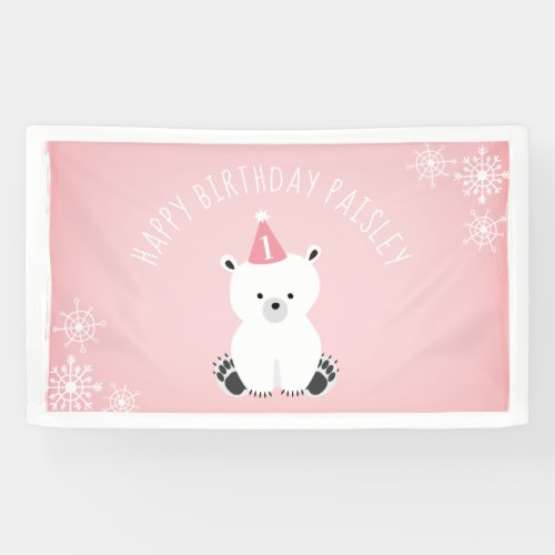 Pink Polar Bear Winter Onederland 1st Birthday Banner