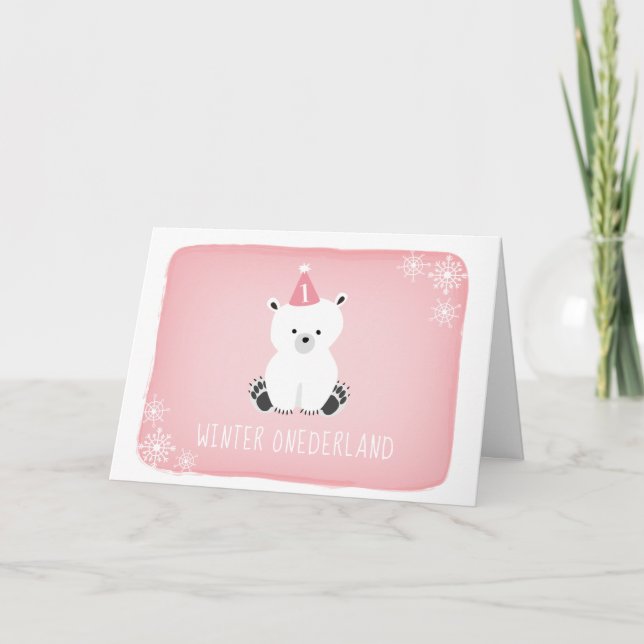 Pink Polar Bear Winter Onederland  First Birthday Invitation (Front)