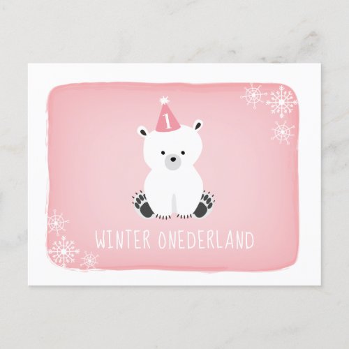 Pink Polar Bear Winter Onederland First Birthday Invitation Postcard