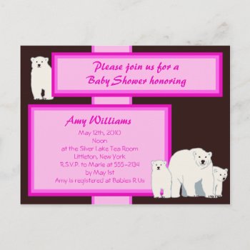 Pink Polar Bears Postcard Shower Invitation by Joyful_Expressions at Zazzle