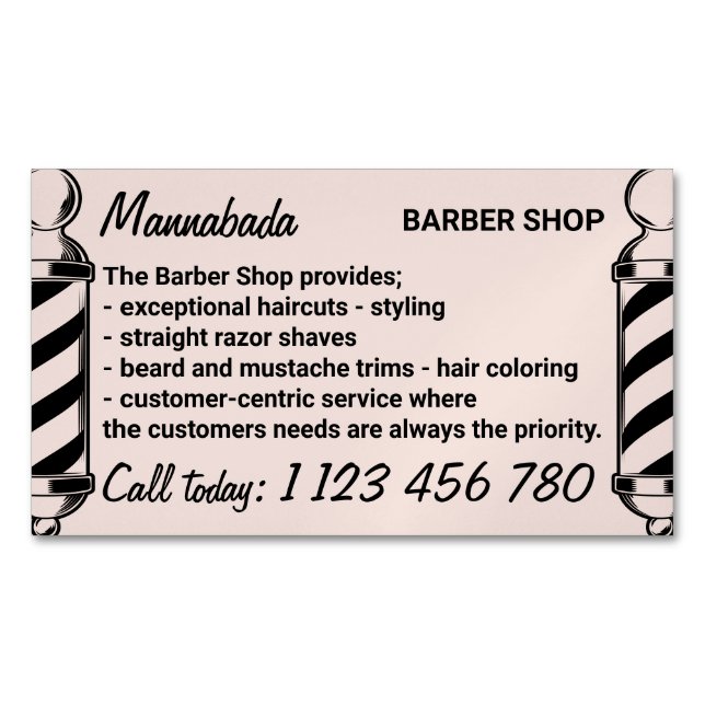Pink pole barbershop barbering on the go barber business card magnet (Front)