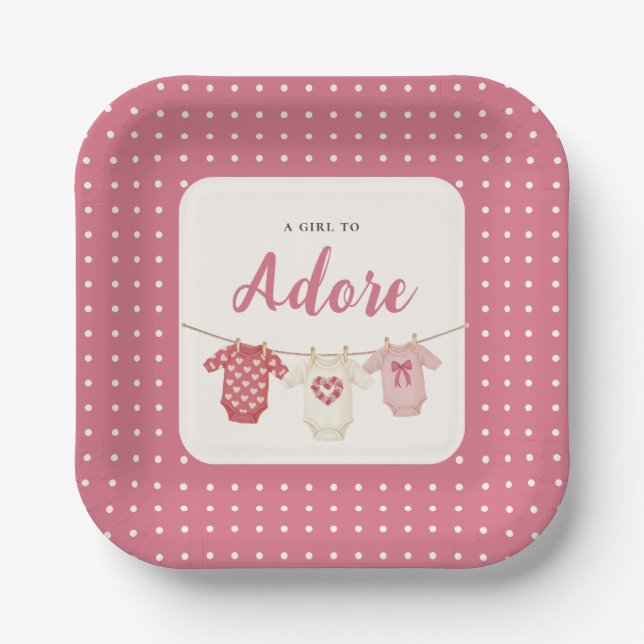 Pink Polka Dot "A Girl to Adore" Baby Shower Paper Plates (Front)
