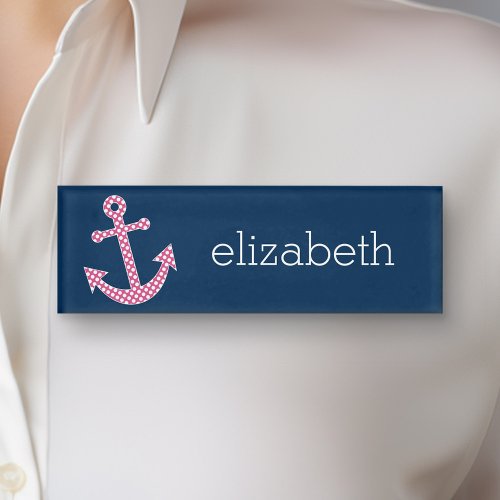 Pink Polka Dot Anchor with Navy Custom Name Name Tag