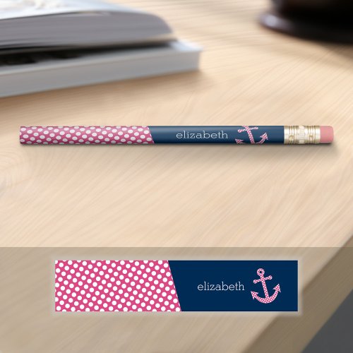 Pink Polka Dot Anchor with Navy Custom Name Pencil