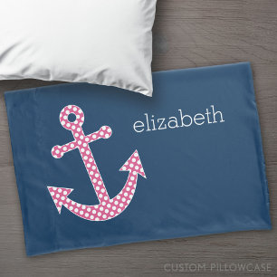 Pink Polka Dot Anchor with Navy Custom Name Pillow Case