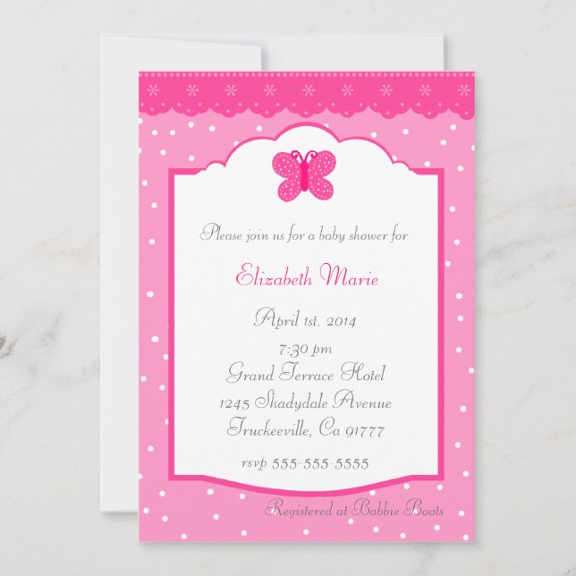 Pink Polka Dot and Butterfly Whimsical Baby Shower Invitation (Front)