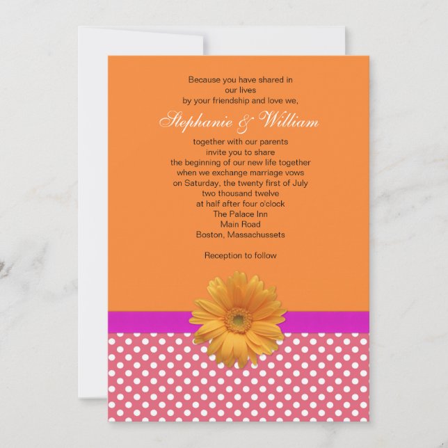 Pink Polka Dot and Coral Wedding Invitation (Front)