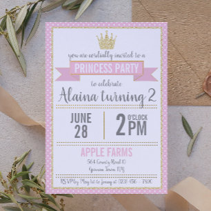 Pink Polka Dot and Glitter Princess Birthday Invitation
