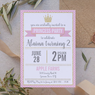 Pink Polka Dot and Glitter Princess Birthday Invitation