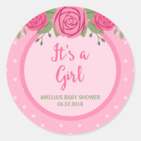 Pink Polka Dot and Roses It's a Girl Baby Shower Classic Round Sticker