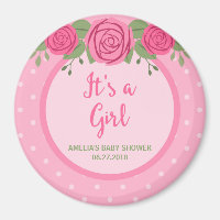 Pink Polka Dot and Roses It's a Girl Baby Shower Magnet