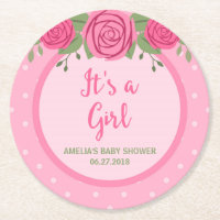 Pink Polka Dot and Roses It's a Girl Baby Shower Round Paper Coaster