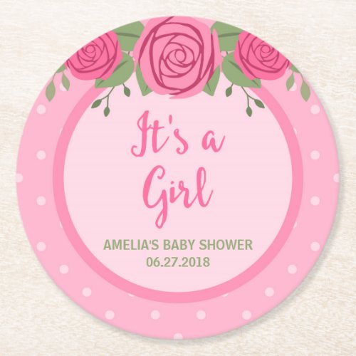 Pink Polka Dot and Roses Its a Girl Baby Shower Round Paper Coaster
