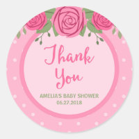 Pink Polka Dot and Roses Thank You Classic Round Sticker
