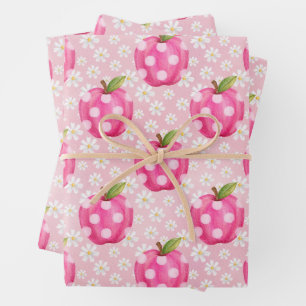 Pink Polka Dot Apple & Daisy Seamless Pattern Wrapping Paper Sheets