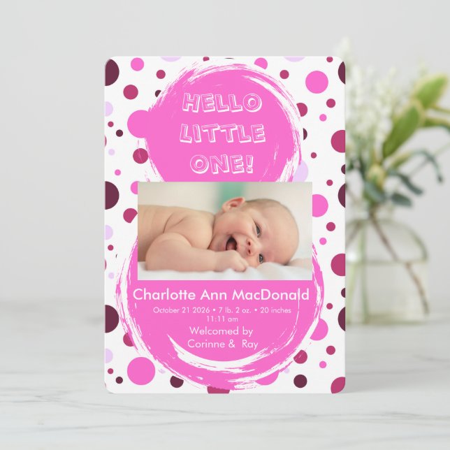 Pink polka dot Baby birth announcement (Standing Front)