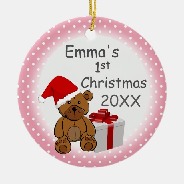Pink Polka Dot Baby's First Christmas Custom Year Ceramic Ornament (Front)