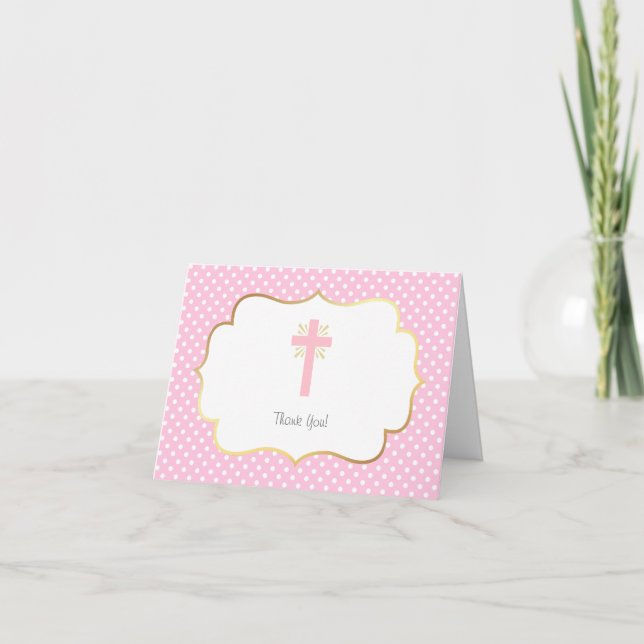 Pink Polka Dot Baptism Thank You Gold and Cross (Front)