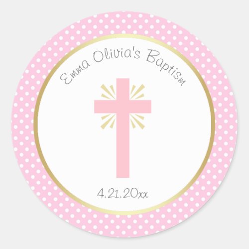 Pink Polka Dot Baptism with Cross and Gold Border Classic Round Sticker