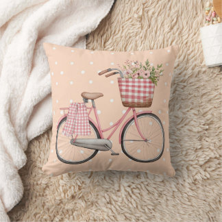 Pink Polka Dot Bicycle Pillow, Cute Vintage Decor Throw Pillow