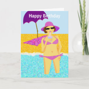 Pink polka dot bikini beach birthday girl card