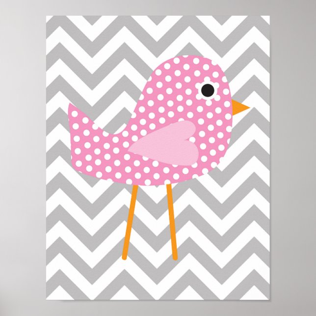 Pink Polka Dot Bird, Gray Chevron Bedroom, Nursery Poster (Front)
