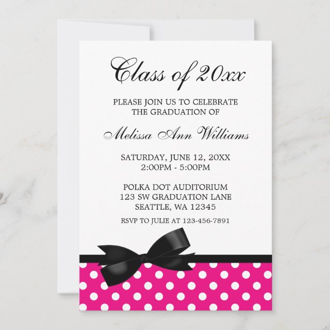 Pink Polka Dot Black Bow Graduation Announcement (Front)
