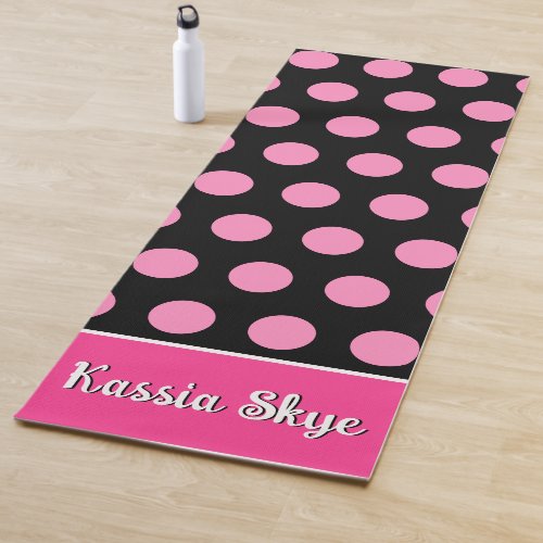 Pink Polka Dot Black Personalized Name Yoga Mat