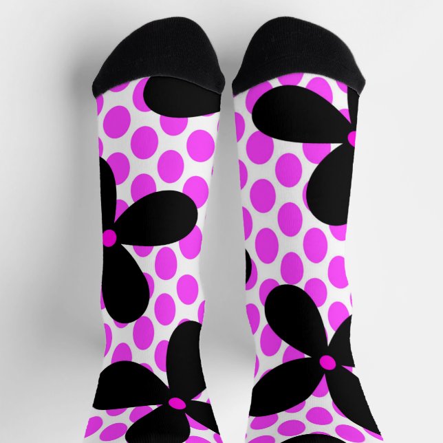Pink Polka Dot Black Retro Flower Crazy Socks (Top)