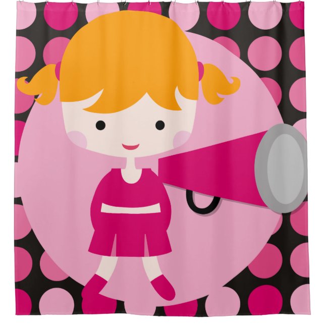 Pink Polka Dot Blond Hair Cheerleader Shower Curtain (Front)