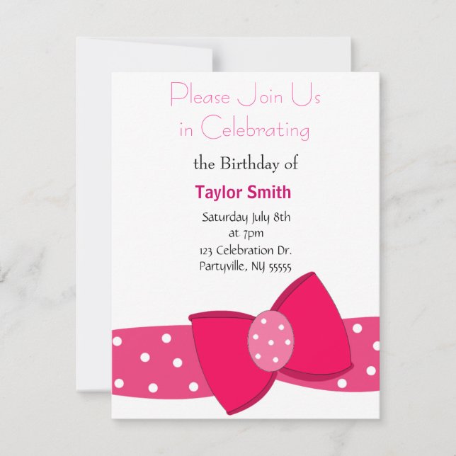 Pink Polka Dot Bow Birthday Invitation (Front)