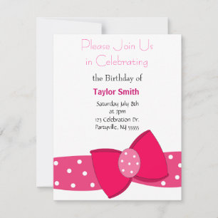 Pink Polka Dot Bow Birthday Invitation