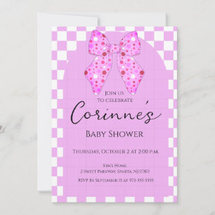 Pink polka dot bows gingham plaid baby shower invitation
