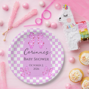 Pink polka dot bows gingham plaid baby shower paper plates