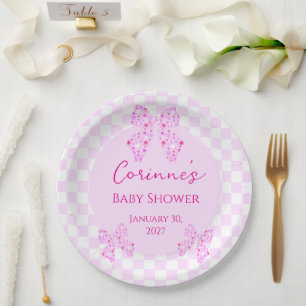 Pink polka dot bows gingham plaid baby shower paper plates