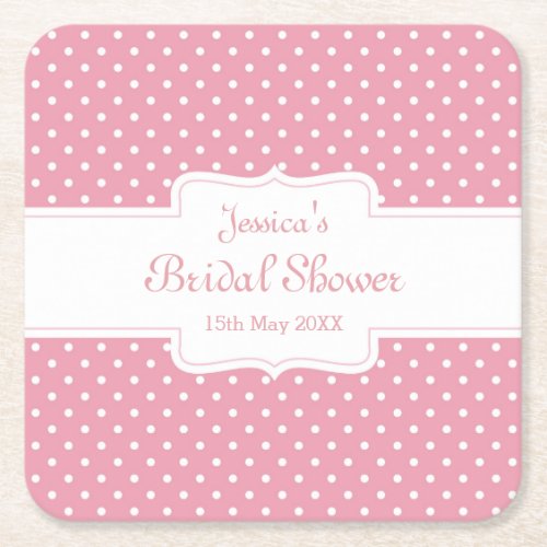 Pink Polka Dot Bridal Shower Personalised Square Paper Coaster
