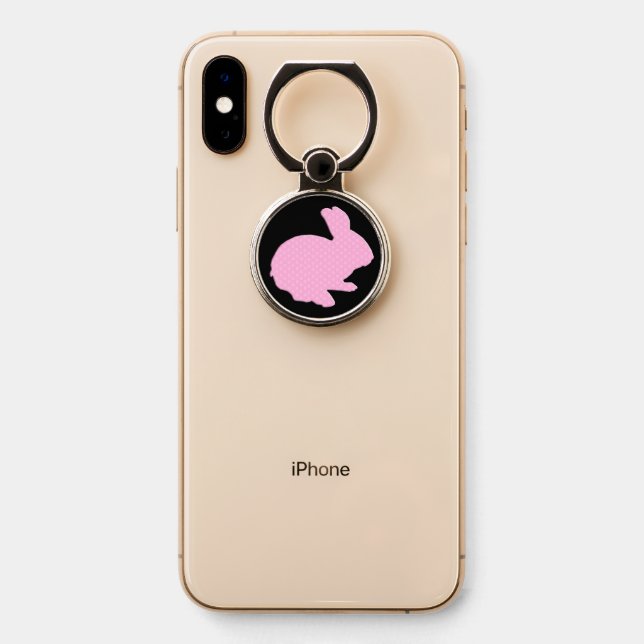 Pink Polka Dot Bunny Rabbit Phone Ring Stand (On Phone)