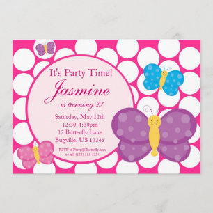 Pink Polka Dot Butterfly Birthday Party Invitation