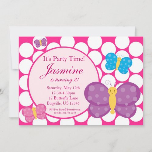 Pink Polka Dot Butterfly Birthday Party Invitation