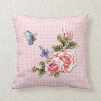 Pink Polka Dot Butterfly Roses Throw Pillow by Spice at Zazzle