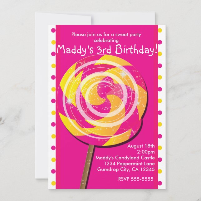 Pink Polka Dot Candy Land Lollipop Invitation (Front)