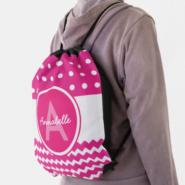 Pink Polka Dot Chevron Drawstring Bag (Insitu)