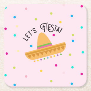 Pink Polka Dot Cinco de Mayo Let's Fiesta Square Paper Coaster
