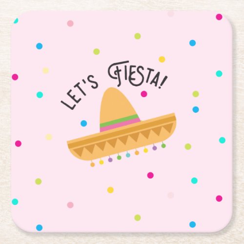 Pink Polka Dot Cinco de Mayo Lets Fiesta Square Paper Coaster