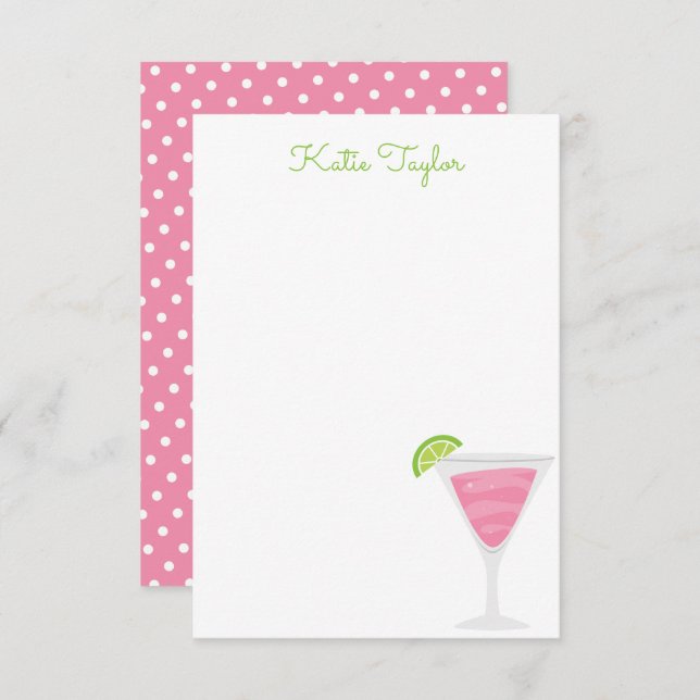 Pink Polka Dot Cocktail Personalized Note Cards (Front/Back)