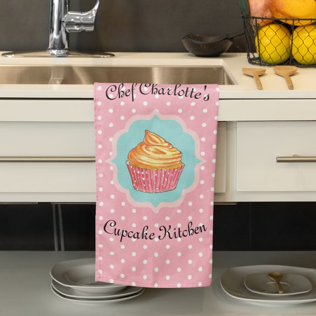 Pink Polka Dot Cupcake Kitchen Personalized Kitchen Towel (Creator Uploaded)
