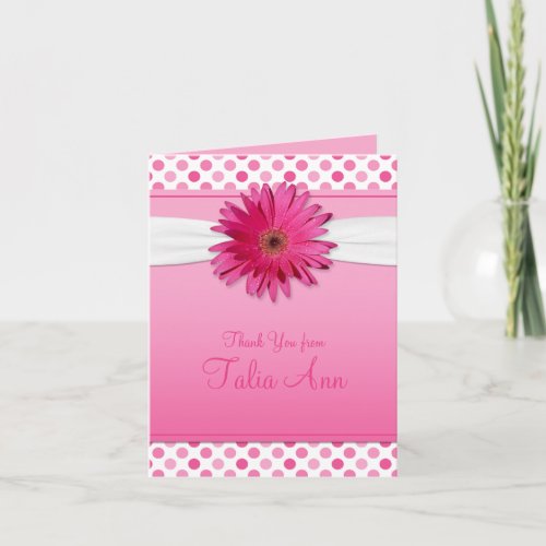 Pink Polka Dot Daisy Bat Mitzvah Thank You Card