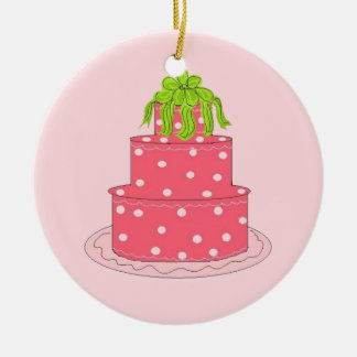 Pink Polka Dot Designer Cake Ceramic Ornament
