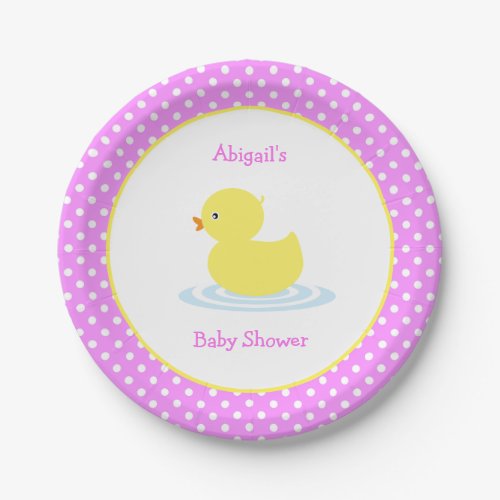 Pink Polka Dot Duck Baby Shower Paper Plate