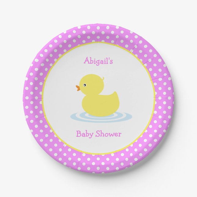Pink Polka Dot Duck Baby Shower Paper Plate (Front)